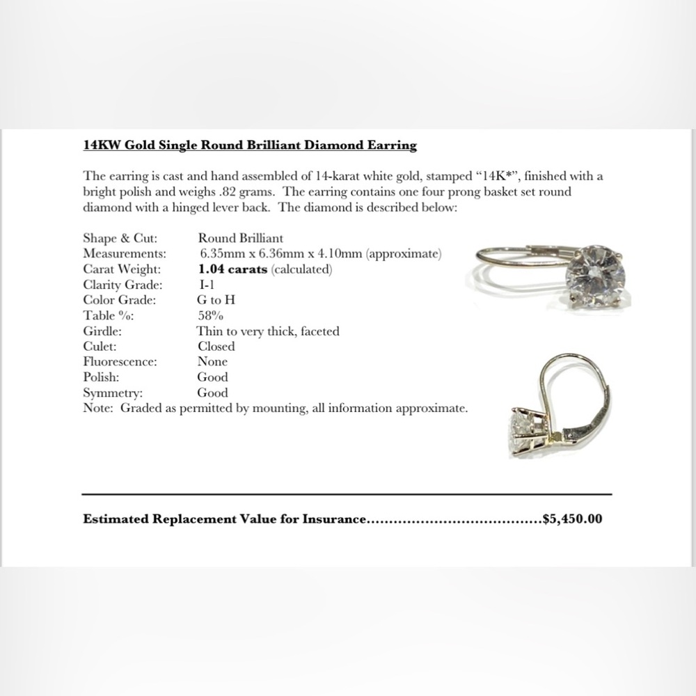 Beautiful 14KW 1.04 Carats Gold Round Brilliant Diamond Single Earring w/Cert! - Picture 2 of 5